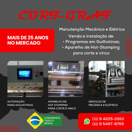 A CORT-GRAF está há mais 25 anos no mercado, presta serviços em máquinas como corte e vinco e guilhotinas, tais como: - Manutenção mecânica e elétrica; - Vendemos e instalamos programas em guilhotinas; - Vendemos e instalamos aparelho de hot-stamping para corte e vinco. Atendendo em todo o Brasil.