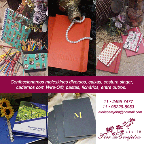 Confeccionamos diferentes modelos de moleskines, caixas, costura Singer®, cadernos com Wire-O®, pastas, fichários com ferragens, entre outros.