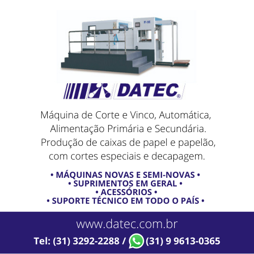 Datec Comércio e Indústria • PRÉ-IMPRESSÃO • IMPRESSÃO • ACABAMENTO :: Impressoras Offset - Duplicadores Digitais - Impressoras Digitais e a Laser - Guilhotinas - Cortadeira de Cartões - Dobradeiras - Numeradoras - Encadernadoras - Grampeadores - Serrilhadeiras - Furadeiras - Envernizadoras - Laminadoras e Plastificadoras - Envelopadoras - Máquinas de Corte e Vinco - Gravadoras de Chapas - CtP - Alceadeiras - Máquinas de Dobra, Grampo e Refile - Lombada Quadrada. • MÁQUINAS NOVAS E SEMI-NOVAS • SUPRIMENTOS EM GERAL • ACESSÓRIOS • SUPORTE TÉCNICO EM TODO O PAÍS.