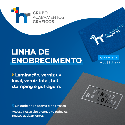 HR Acabamentos Gráficos • Laminação, verniz UV local, e verniz total, hot stamping e gofragem.