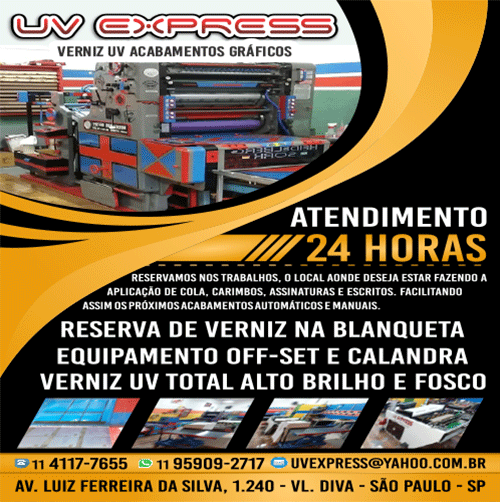 UV Express Acabamentos Gráficos • Reserva de Verniz na Banqueta, Equipamento Offset e Calandra, Verniz UV Total Alto Brilho e Fosco. Reservamos nos trabalhos, o local aonde deseja estar fazendo a aplicação de cola, carimbos, assinaturas e escritos. Facilitando assim os próximos acabamentos automáticos e manuais.