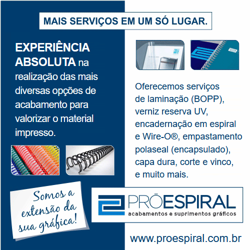 PRÓ ESPIRAL • Acabamentos e Suprimentos Gráficos. EXPERIÊNCIA ABSOLUTA na realização das mais diversas opções de acabamento para valorizar o material impresso. Oferecemos serviços de laminação (BOPP), verniz reserva UV, encadernação em espiral e Wire-O®, empastamento polaseal (encapsulado), capa dura, corte e vinco, e muito mais. Somos a extensão da sua gráfica!