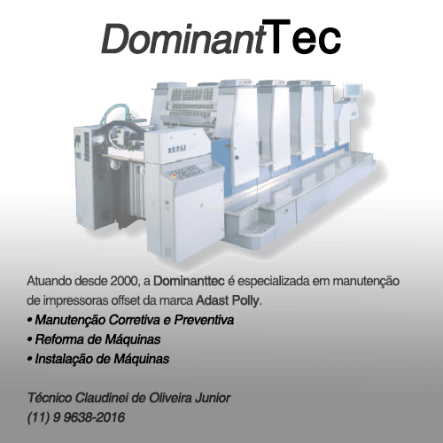 Dominanttec • Técnico Claudinei de Oliveira Junior | Manutenção de Impressoras Offset - Adast Polly. Atuando desde 2000, a Dominanttec é especializada em manutenção de impressoras offset da marca Adast Polly. Manutenção Corretiva e Preventiva, Reforma de Máquinas, Instalação de Máquinas.