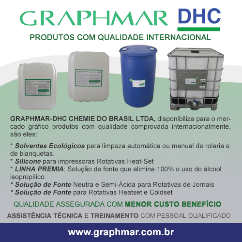 GRAPHMAR-DHC CHEMIE DO BRASIL LTDA, disponibiliza para o mercado gráfico produtos com qualidade comprovada internacionalmente, são eles: * Solventes Ecológicos para limpeza automática ou manual de rolaria e de blanquetas. * Silicone para impressoras Rotativas Heat-Set * LINHA PREMIA: Solução de fonte que elimina 100% o uso do álcool isopropílico. * Solução de Fonte Neutra e Semi-Ácida para Rotativas de Jornais * Solução de Fonte para Rotativas Heatset e Coldset. 