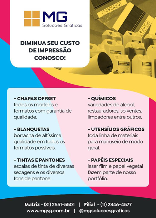 A MG Soluções Gráficas, disponibiliza para o mercado gráfico, a maior diversidade de produtos químicos para atender às suas necessidades Produtos consagrados no mercado, reconhecidos pelos profissionais da área e com estoque local para atender às suas demandas. Nossa equipe se encontra à disposição para melhor atendê-lo.