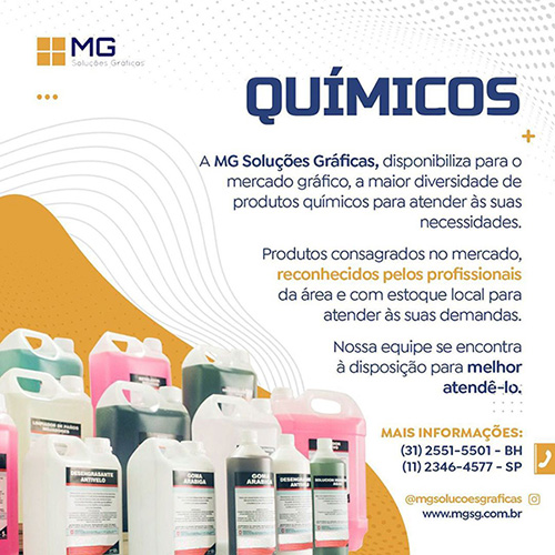 A MG Soluções Gráficas, disponibiliza para o mercado gráfico, a maior diversidade de produtos químicos para atender às suas necessidades Produtos consagrados no mercado, reconhecidos pelos profissionais da área e com estoque local para atender às suas demandas. Nossa equipe se encontra à disposição para melhor atendê-lo.