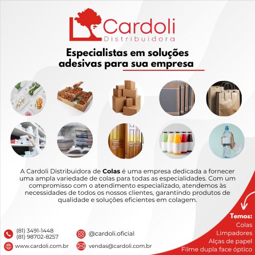 A Cardoli Distribuidora de Colas é uma empresa dedicada a fornecer uma ampla variedade de colas para todas as especialidades. Com um compromisso com o atendimento especializado, atendemos as necessidades de todos os nossos clientes, garantindo produtos de qualidade e soluções eficientes em colagem.