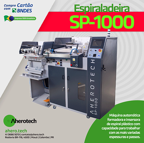 Espiraladeira SP 1000 - Máquina automática formadora e insersora de espiral plástico com capacidade para trabalhar com as mais variadas espessuras e passos.