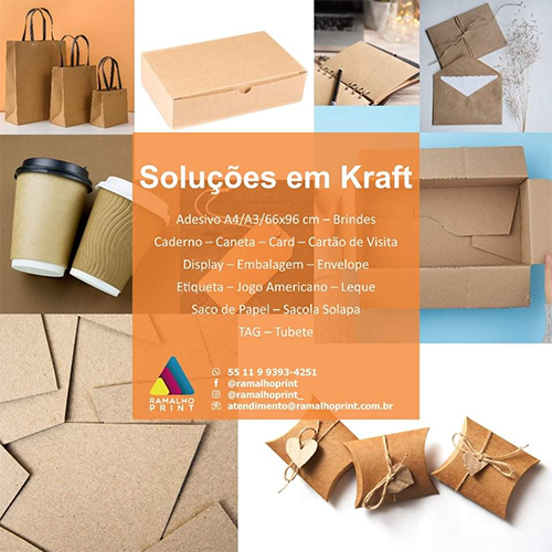 Soluções em Kraft: Adesivo A4/A3/66x96 cm – Brindes | Caderno – Caneta – Card – Cartão de Visita | Display – Embalagem – Envelope | Etiqueta – Jogo Americano – Leque | Saco de Papel – Sacola Solapa | TAG – Tubete