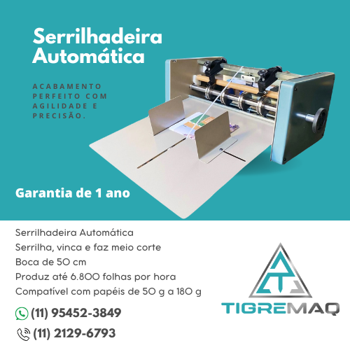Serrilhadeira Automática TIGREMAQ: serrilha, vinca e faz meio corte. Boca de 50cm. Produz até 6.800 folhas por hora. Compatível com papéis de 50g a 180g. Acabamento perfeito com agilidade e precisão. Garantia de um ano. 