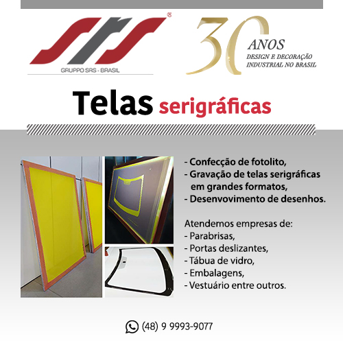 Gruppo SRS • Telas Serigráficas: confecção de fotolitos, gravação de telas serigráficas em grandes formatos, desenvolvimento de desenhos. Atendemos empresas de para-brisas, portas deslizantes, tábua de vidro, embalagens, vestuário, entre outros.