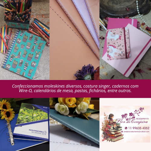 Ateliê Flor de Cerejeira • Confeccionamos moleskines diversos, costura singer, cadernos com Wire-O, calendários de mesa, pastas, fichários, entre outros.