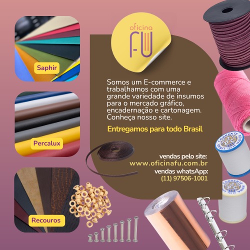 OFICINAFU - Encadernação | Cartonagem | Produtos e Materiais para Encadernação. Nossa loja é uma das mais completas lojas virtuais de produtos e materiais para encadernação, ferramentas, acabamentos, revestimentos, ferragens e papéis para Encadernação, Cartonagem e Papelaria Fina.