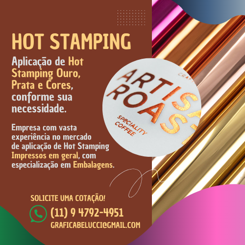 Aplicação de Hot Stamping Ouro, Prata e Cores, conforme sua necessidade. Empresa com vasta experiência no mercado de aplicação de Hot Stamping Impressos em geral, com especialização em Embalagens.