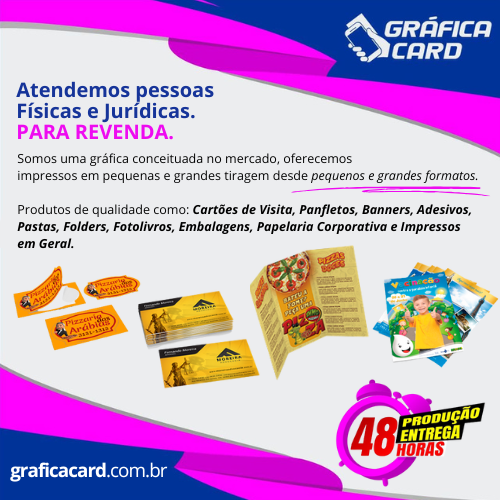 Somos uma gráfica conceituada no mercado, oferecemos impressos em pequenas e grandes tiragem desde pequenos e grandes formatos. Produtos de qualidade como: cartões de Visita, Panfletos, Banners, Adesivos, Pastas, Folders, Fotolivros, embalagens, Papelaria Corporativa e Impressos em Geral. Atendemos pessoas Física e Jurídica. Para Revenda.