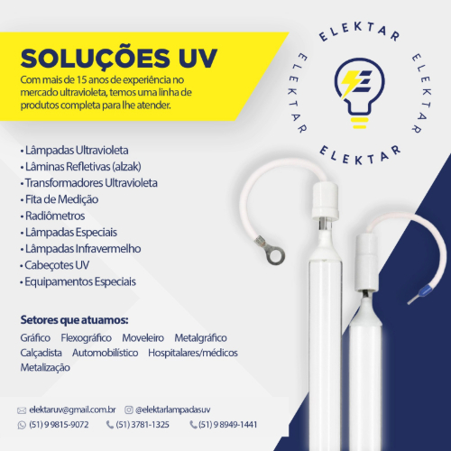 Com mais de 15 anos de experiência no mercado ultravioleta, temos uma linha de produtos completa para lhe atender. Lâmpadas Ultravioleta | Lâminas Refletivas (alzak) | Transformadores Ultravioleta | Fita de Medição | Radiômetros | Lâmpadas Especiais | Lâmpadas Infravermelho |  Cabeçotes UV | Equipamentos Especiais. Setores que atuamos: Gráfico | Flexográfico | Moveleiro | Metalgráfico | Calçadista | Automobilístico | Hospitalares/médicos | Metalização.