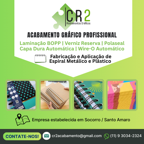 ACABAMENTO GRÁFICO PROFISSIONAL. Laminação BOPP | Verniz Reserva | Polaseal | Capa Dura Automática | Wire-O Automático. Fabricação e Aplicação de Espiral Metálico e Plástico