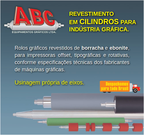 ABC Equipamentos Gráficos • REVESTIMENTO EM CILINDROS PARA INDÚSTRIA GRÁFICA. Rolos gráficos revestidos de borracha e ebonite, para impressoras offset, tipográficas e rotativas, conforme especificações técnicas dos fabricantes de máquinas gráficas. Usinagem própria de eixos.