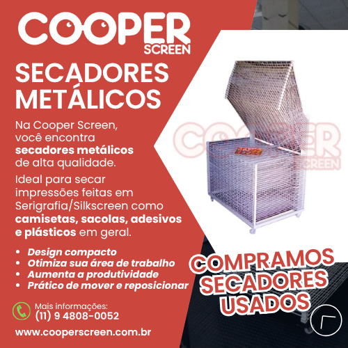 Na Cooper Screen, você encontra secadores metálicos de alta qualidade. Ideal para secar impressões feitas em Serigrafia/Silkscreen como camisetas, sacolas, adesivos e plásticos em geral.