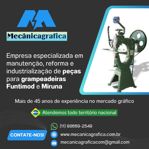 No mercado desde 1978, somos especializados em manutenção, reforma e industrialização de peças para as máquinas Grampeadeiras Funtimod, Miruna e outras. Com peças também para Dobradeiras, Guilhotinas, Serrilhadeiras e Furadeiras de Papel. Atendemos todo o Brasil.
