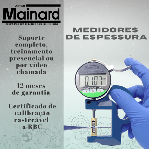 Medidores de espessura Mainard, alta performance e precisão! Equipamentos para controle de qualidade industrial com certificado de calibração e garantia de 1 ano. Desde 1988 entregando equipamentos para controle de qualidade relacionados a: dureza, espessura e gramatura. Atualmente somos o principal fabricante brasileiro desses equipamentos, também oferecemos assistência técnica e treinamentos.