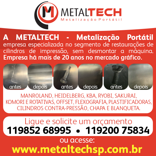 A METALTECH - Metalização Portátil é uma empresa especializada no o segmento de restaurações de cilindros de impressão no local, sem desmontar a máquina. Empresa especializada há mais de 20 anos no mercado gráfico, trabalhando para a satisfação de nossos clientes. MAN ROLAND, HEIDELBERG, KBA, RYOBI, SAKURAI, KOMORI e Rotativas, Offset, Flexografia, Plastificadoras, Cilindros Contra-Pressão, Chapa  e Blanqueta.