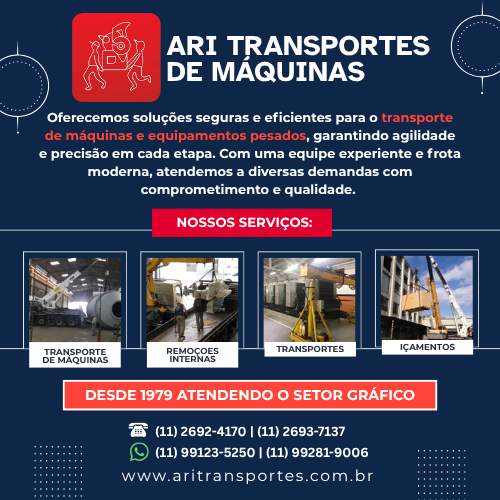 ARI TRANSPORTES DE MÁQUINAS | DESDE 1979 ATENDENDO O SETOR GRÁFICO | Oferecemos soluções seguras e eficientes para o transporte de máquinas e equipamentos pesados, garantindo agilidade e precisão em cada etapa. Com uma equipe experiente e frota moderna, atendemos a diversas demandas com comprometimento e qualidade. 