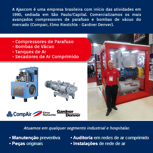 A Ajaxcom é uma empresa brasileira com início das atividades em 1990, sediada em São Paulo/Capital. Comercializamos os mais avançados compressores de parafuso e bombas de vácuo do mercado (Compair, Elmo Riestchle - Gardner Denver). Compressores de Parafuso • Bombas de Vácuo • Tanques de Ar • Secadores de Ar Comprimido. Atuamos em qualquer segmento industrial e hospitalar. Manutenção preventiva • Peças originais • Auditoria em redes de ar comprimido • Instalações de rede de ar