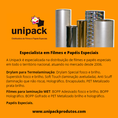 Unipack Produtos Gráficos • Especialista em Filmes e Papéis Especiais. A Unipack é especializada na distribuição de filmes e papéis especiais em todo o território nacional, atuando no mercado desde 2006. Drylam para Termolaminação: Drylam Special fosco e brilho, Superstick fosco e brilho, Soft Touch (laminação aveludada), Anti Scuff (laminação que não risca), Holográfico, Encapsulado, PET Metalizado prata brilho. Filmes para laminação WET: BOPP Adesivado fosco e brilho, BOPP Holográfico, BOPP Gofrado e PET Metalizado brilho e holográfico. Papéis Especiais.