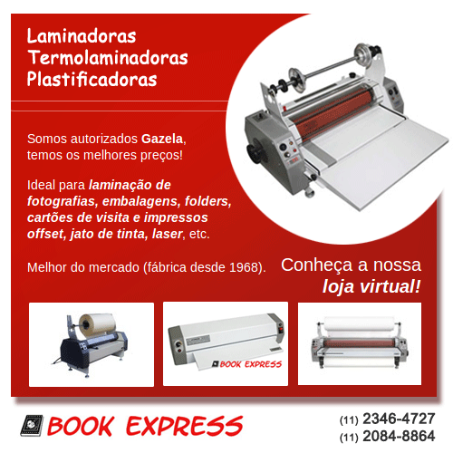 Book Express: Laminadoras | Termolaminadoras | Plastificadoras. Somos autorizados Gazela, temos os melhores preços! Ideal para laminação de fotografias, embalagens, folders, cartões de visita e impressos offset, jato de tinta, laser, etc. Melhor do mercado (fábrica desde 1968).